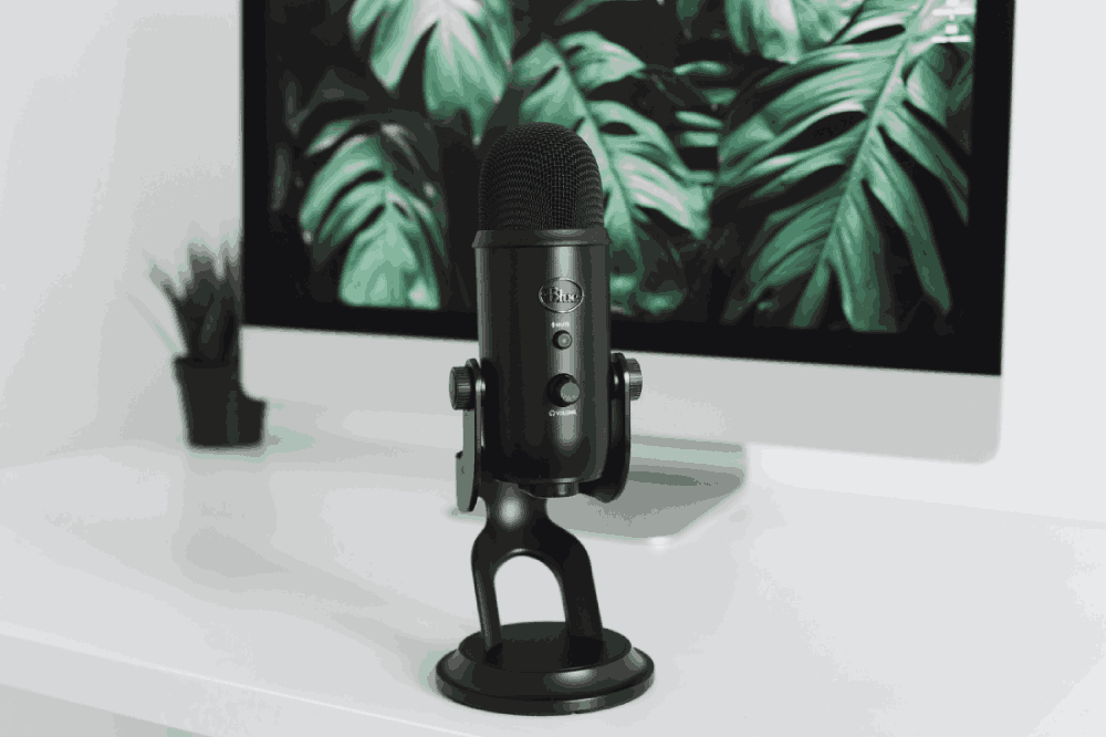 Podcast microphone with plants in the background